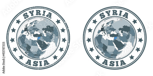 Syria round logos. Circular badges of country with map of Syria in world context. Plain and textured country stamps. Vector illustration.