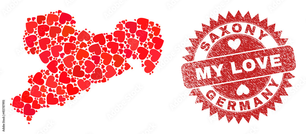 Vector collage Saxony Land map of love heart elements and grunge My Love badge. Collage geographic Saxony Land map created with valentine hearts. Vector collage Saxony Land map of love heart elements and grunge My Love badge. Collage geographic Saxony Land map created with valentine hearts.