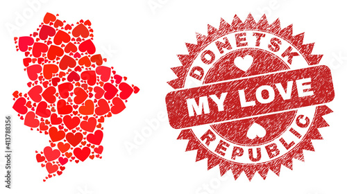 Vector mosaic Donetsk Republic map of lovely heart elements and grunge My Love badge. Mosaic geographic Donetsk Republic map created using valentine hearts.