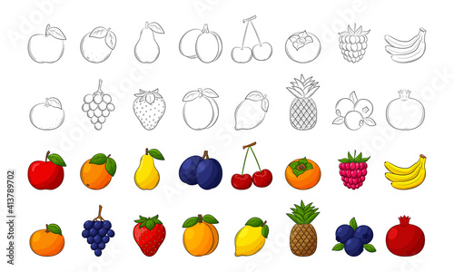 A set of fruits. Black-and-white linear elements and colored ones with an outline.