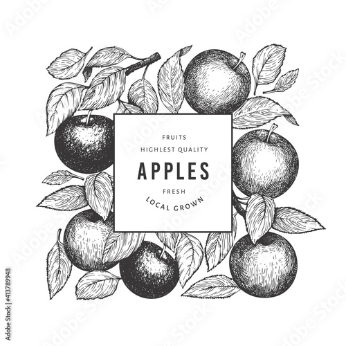 Apple branch design template. Hand drawn vector garden fruit illustration. Engraved style fruit retro botanical banner.