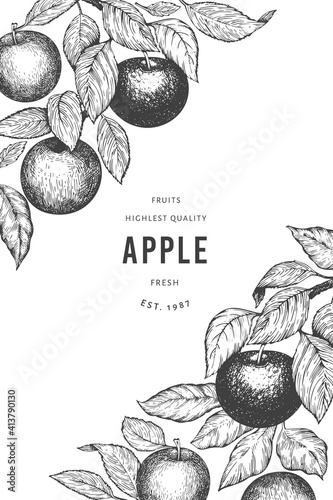 Apple branch design template. Hand drawn vector garden fruit illustration. Engraved style fruit retro botanical banner.