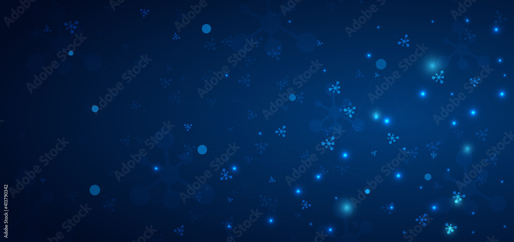 Abstract molecule pattern on dark blue background. Medical and science, technology connection concept.