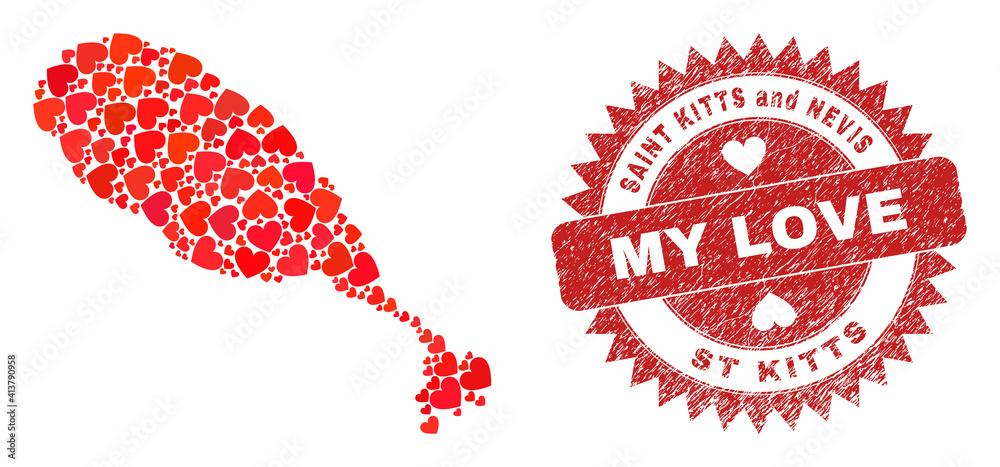Vector collage St Kitts Island map of love heart elements and grunge My Love stamp. Collage geographic St Kitts Island map designed using love hearts. Vector collage St Kitts Island map of love heart elements and grunge My Love stamp. Collage geographic St Kitts Island map designed using love hearts.