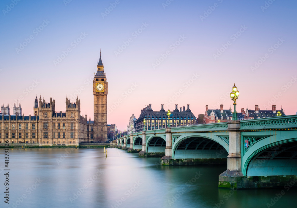 Westminster Bridge, Palace of Westminster and the clock tower of Big Ben (Elizabeth Tower), at dawn, London, England, United Kingdom Westminster Bridge, Palace of Westminster and the clock tower of Big Ben (Elizabeth Tower), at dawn, London, England, United Kingdom