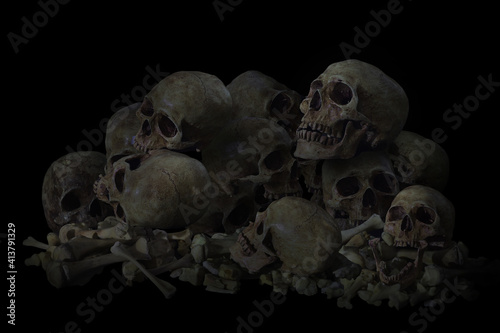 Still Life of Genocide, Pile of Skulls in Black background