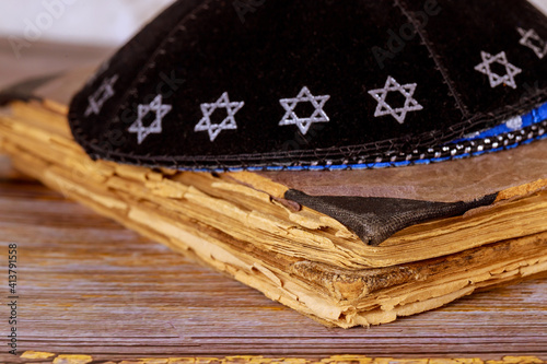 Orthodox Jewish prays shawl tallit and kippa jewish religious symbol