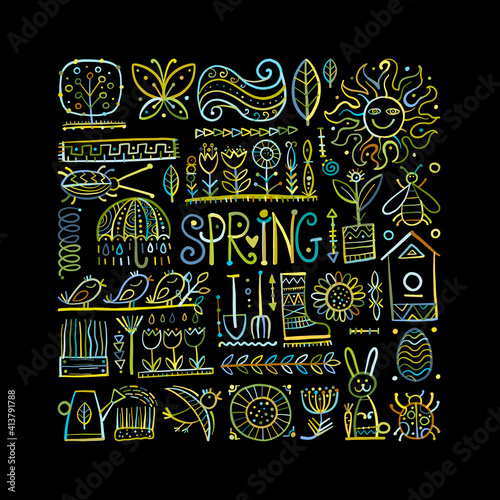 Spring time background. Gardening Frame Design. Happy Easter Art.