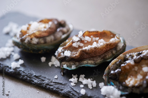 Fresh raw abalone and salt on marble 