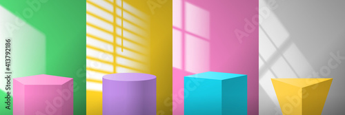 realistic podiums and stages various geometric shapes sunlight effect on colorful background set mock up vector illustration