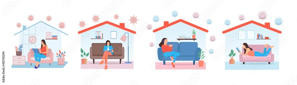 Working at home, coworking space, concept illustration. woman freelancers working on laptops and computers at home. People at home in quarantine. Vector flat style illustration Working at home, coworking space, concept illustration. woman freelancers working on laptops and computers at home. People at home in quarantine. Vector flat style illustration