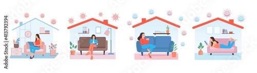 Working at home, coworking space, concept illustration. woman freelancers working on laptops and computers at home. People at home in quarantine. Vector flat style illustration