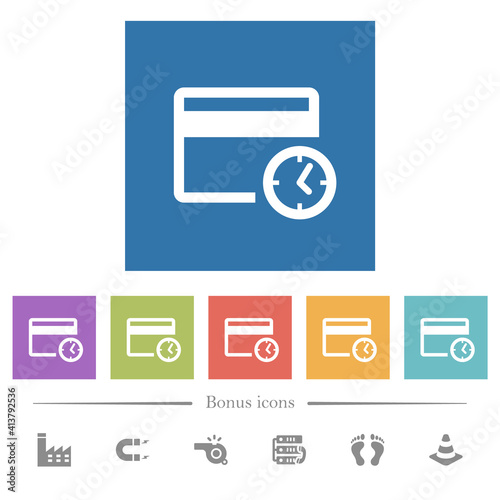 Credit card transaction history flat white icons in square backgrounds