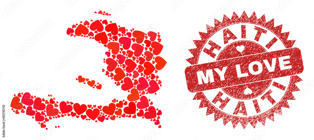 Vector collage Haiti map of valentine heart elements and grunge My Love seal stamp. Collage geographic Haiti map created using lovely hearts. Vector collage Haiti map of valentine heart elements and grunge My Love seal stamp. Collage geographic Haiti map created using lovely hearts.