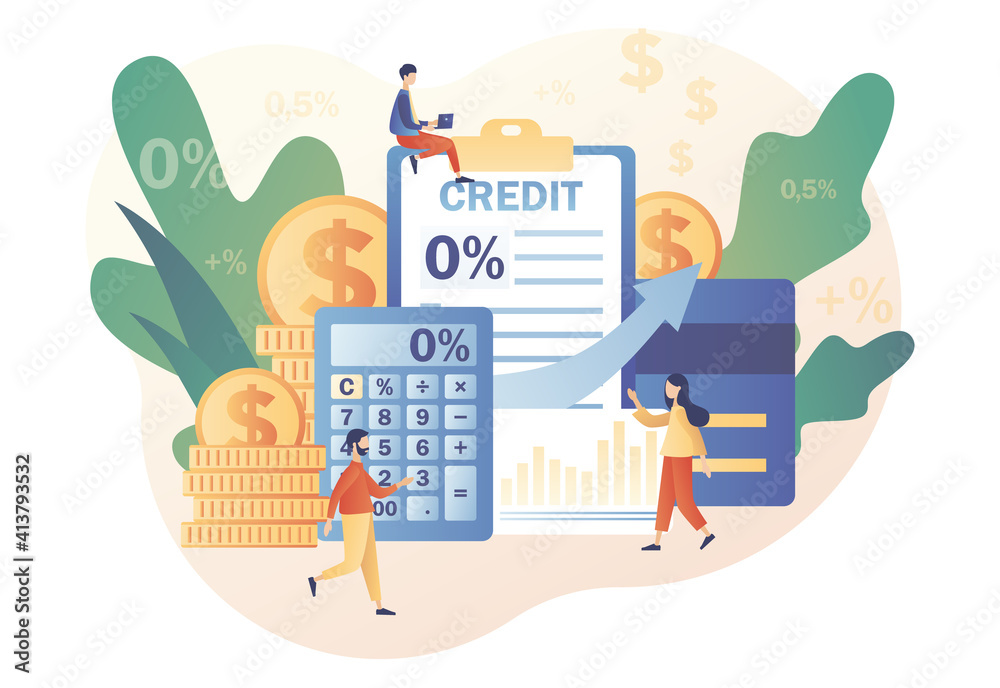 Fototapeta premium Bank credit concept. Finance management. Tiny people signing loan agreement. Percent, good interest rate, interest-free. Modern flat cartoon style. Vector illustration on white background