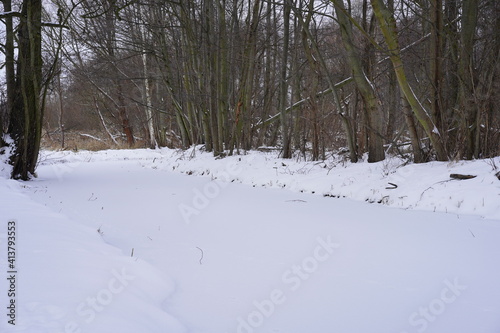 Weiße winterliche Spreewaldlandschaft mit zugefrorenem Fließgewässer © Achim Wagner