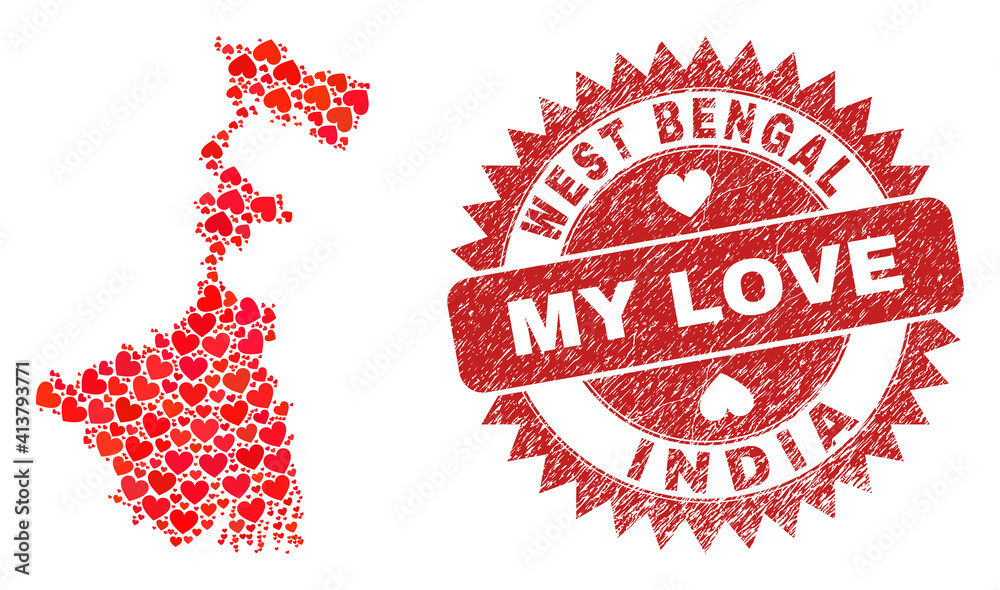 Vector mosaic West Bengal State map of love heart elements and grunge My Love stamp. Mosaic geographic West Bengal State map created with lovely hearts. Vector mosaic West Bengal State map of love heart elements and grunge My Love stamp. Mosaic geographic West Bengal State map created with lovely hearts.