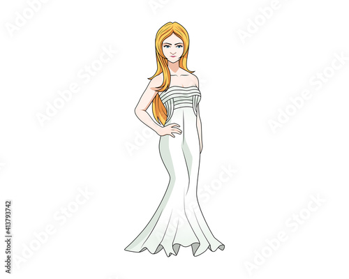 woman in long party dress cartoon character