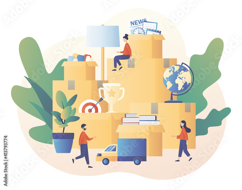 Moving concept. Tiny people moved to new home. Cardboard boxes with various things. Transporting things and objects in the truck. Modern flat cartoon style. Vector illustration on white background