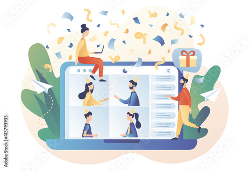 Tiny people in festive hats celebrating online birthday party use laptop. Online party. Quarantine birthday. Self-isolation party. Modern flat cartoon style. Vector illustration on white background