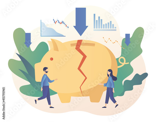 Broken piggy bank as metaphor Business bankruptcy. Financial crisis. Economical loan payback problem, investment failure and budget collapse. Modern flat cartoon style. Vector illustration 