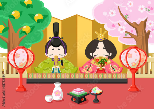 ひな祭りイラスト/おひな様　平飾り　文字無