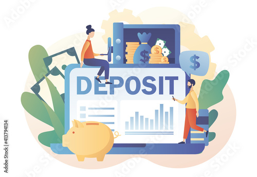 Online Deposit concept. Bank account, banking, bank security, safety. Tiny people put money in bank safe with dollars. Longterm money saving finance. Modern flat cartoon style. Vector illustration