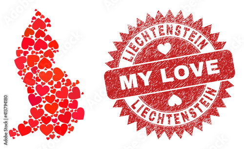 Vector collage Liechtenstein map of lovely heart items and grunge My Love stamp. Collage geographic Liechtenstein map created using love hearts.