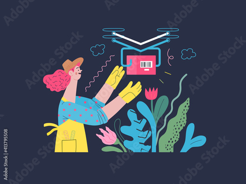 Discounts, sale, promotion - delivery - modern outlined flat vector concept illustration of a woman doing gardening job, wearing apron and gloves, receiving an online order shipped with a drone