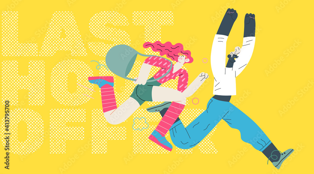 Fototapeta premium Discounts, sale, promotion - modern flat vector concept illustration of a woman and a man running in the pursuit of the discounts, with a big percent sign on the background