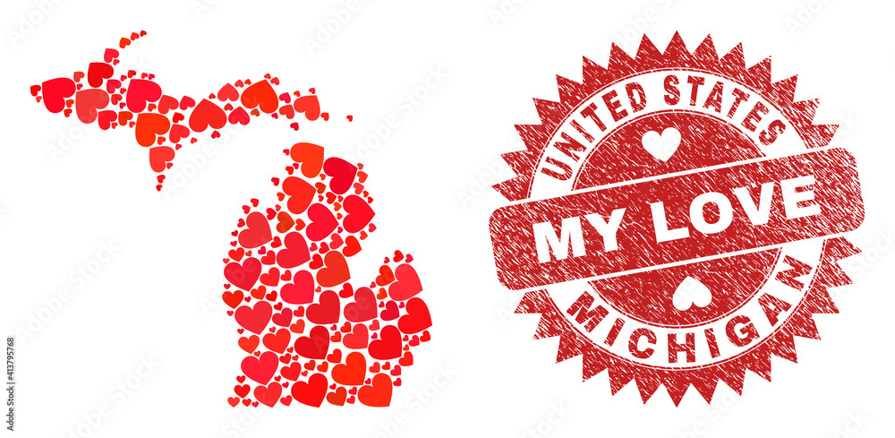 Vector collage Michigan State map of love heart elements and grunge My Love seal stamp. Collage geographic Michigan State map created with valentine hearts. Vector collage Michigan State map of love heart elements and grunge My Love seal stamp. Collage geographic Michigan State map created with valentine hearts.