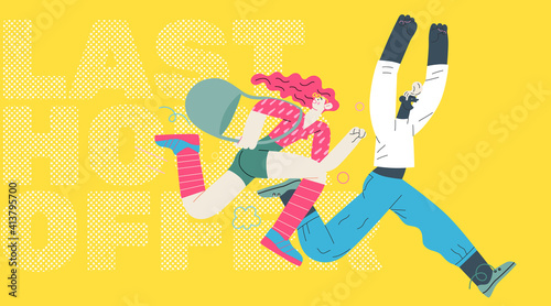 Discounts, sale, promotion - modern flat vector concept illustration of a woman and a man running in the pursuit of the discounts, with a big percent sign on the background