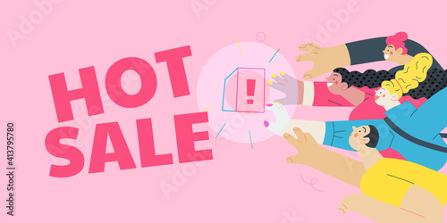 Discounts, sale, promotion - modern flat vector concept illustration of people crowd raising their hands trying to get a limited offer product with an exclamation sign, in the pursuit. Hot sale