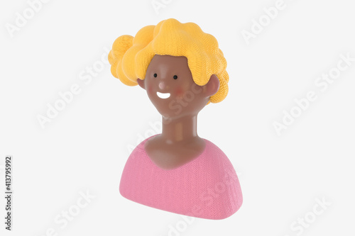 3D Bright people portrait - 3D render design concept illustration of a plastuc doll of a young woman, face and shoulders avatar. User picture volumetric icon