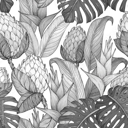 Wallpaper Mural Seamless pattern with Tropical flowers and leaves. Hand drawn jungle leaves and exotic flowers. Black and white Torontodigital.ca