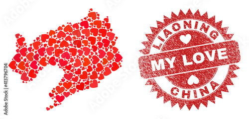 Vector mosaic Liaoning Province map of love heart items and grunge My Love badge. Mosaic geographic Liaoning Province map created using love hearts.