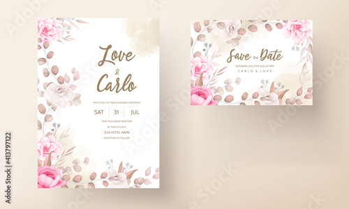 Beautiful soft peach and brown floral wedding invitation template