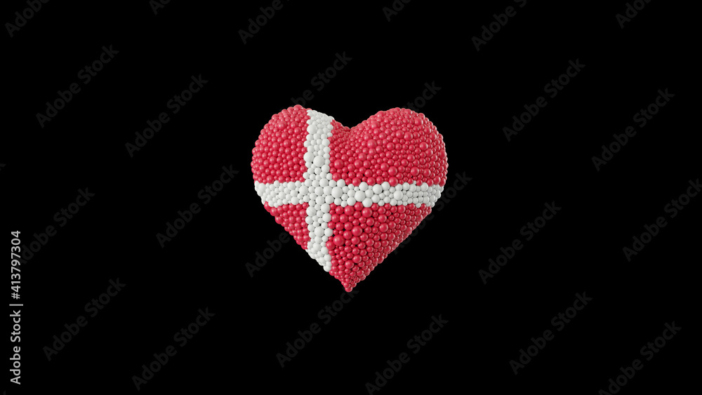 Denmark National Day. June 5. Heart shape made out of shiny sphere on black background. 3D rendering.