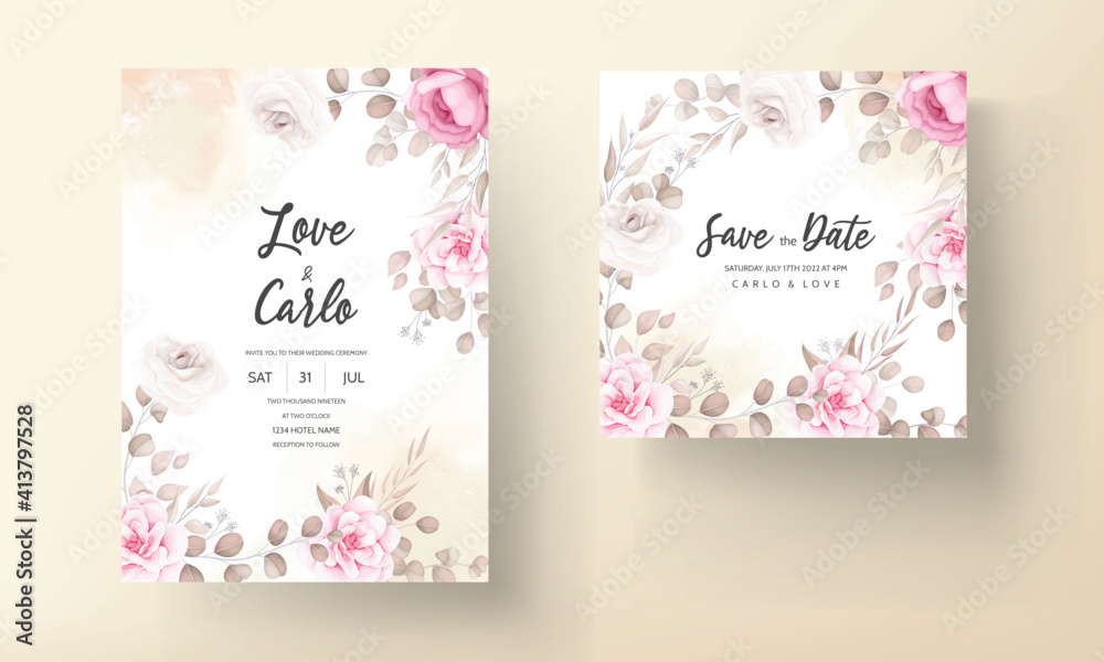 Beautiful soft peach and brown floral wedding invitation template