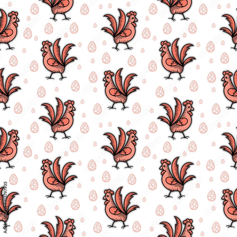 Seamless background red cock and eggs with pattern