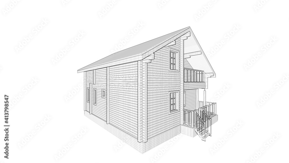 wooden house, cottage, house with a wooden pipe 3d rendering black and white illustration hand-drawn graphics on an isolated background
