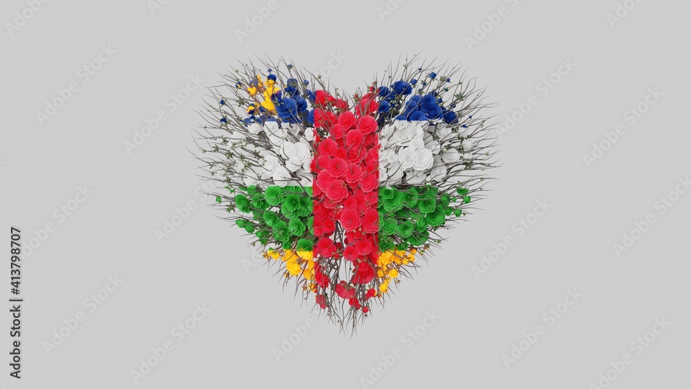 Central African Republic National Day. Independence Day. Heart shape made out of flowers on white background. 3D rendering.