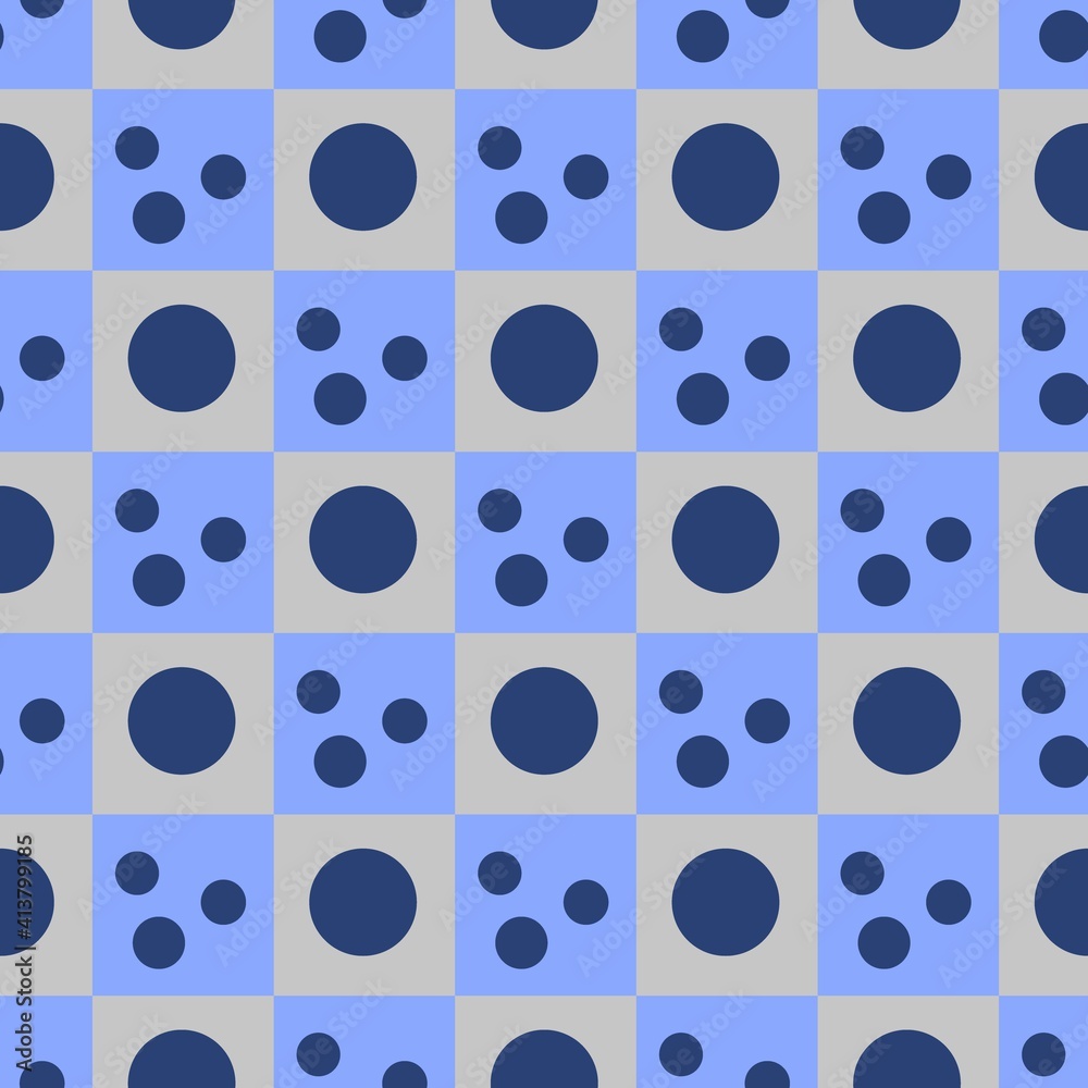 Blue geometric chess pattern of small, large circles and squares. Dark blue circles on blue, gray background. Striped pattern of bubbles, balls and circles. Vector illustration. Vector seamless chess Blue geometric chess pattern of small, large circles and squares. Dark blue circles on blue, gray background. Striped pattern of bubbles, balls and circles. Vector illustration. Vector seamless chess