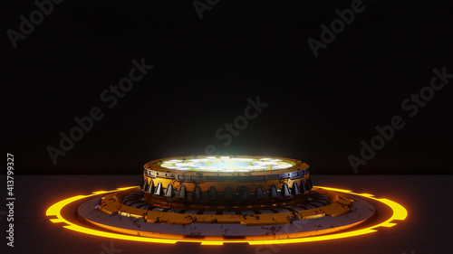 Futuristic pedestal for product presentation on black future background. Sci-fi idea concept. 3d model and illustration.