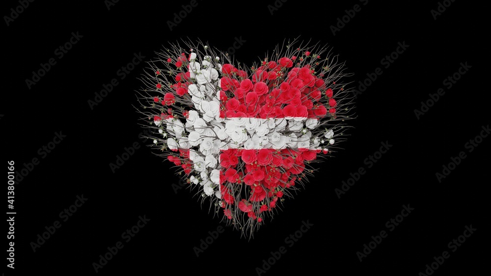 Denmark National Day. June 5. Heart shape made out of flowers on black background. 3D rendering. Denmark National Day. June 5. Heart shape made out of flowers on black background. 3D rendering.