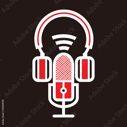 podcast microphone and headset with connections or signal sign for broadcast, music icon, etc - podcast microphone and headset with connections or signal sign logo or icon isolated on black