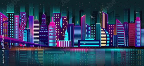 Vector illustration of a night city with a neon glow and bright colors of a bridge over a river. EPS 10