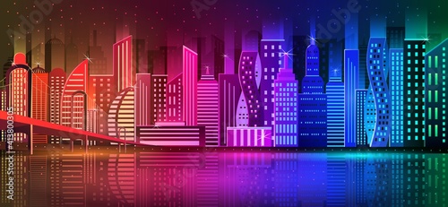 Night city, a metropolis with a neon glow and bright colors bridge over the river. Vector, EPS 10