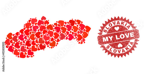 Vector mosaic Slovakia map of love heart items and grunge My Love seal stamp. Mosaic geographic Slovakia map constructed using love hearts.