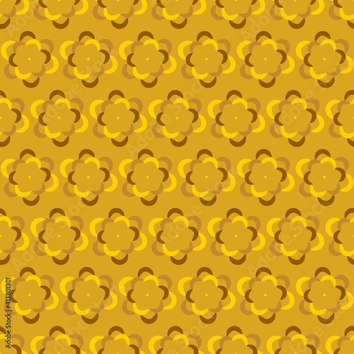Fortuna gold geometric pattern of small and large circles and bubbles. Fortuna gold background with yellow, brown flower, chain. Chaotic and abstract pattern of rounds and circles. Vector illustration